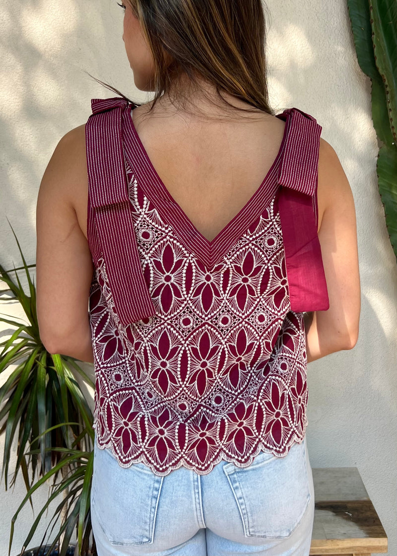 FLORAL EMBROIDERED STITCHED TANK- BURGUNDY