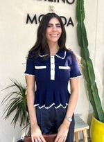 KNIT STITCH CONTRAST TOP- NAVY