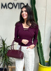 KNIT BUCKLE FRONT TOP- BURGUNDY