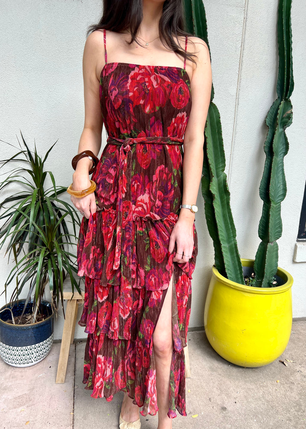 LUREX FLORAL TIERED MAXI DRESS- BURGUNDY