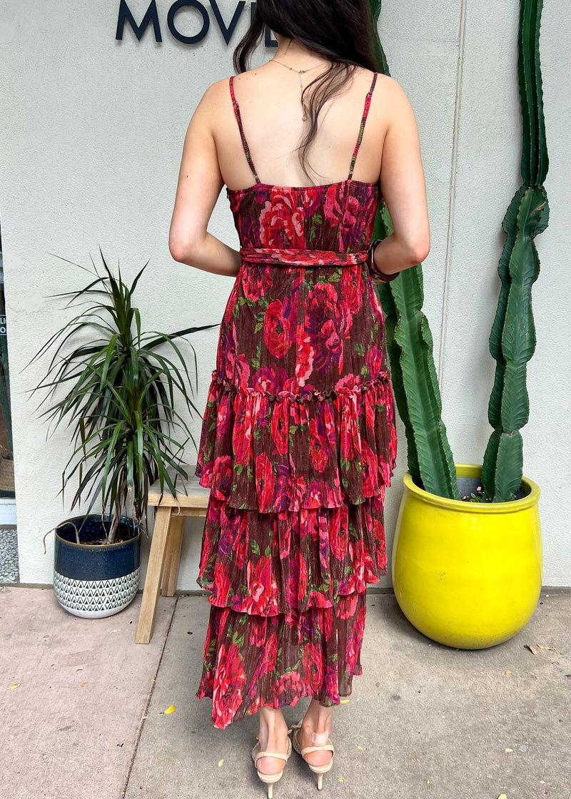 LUREX FLORAL TIERED MAXI DRESS- BURGUNDY