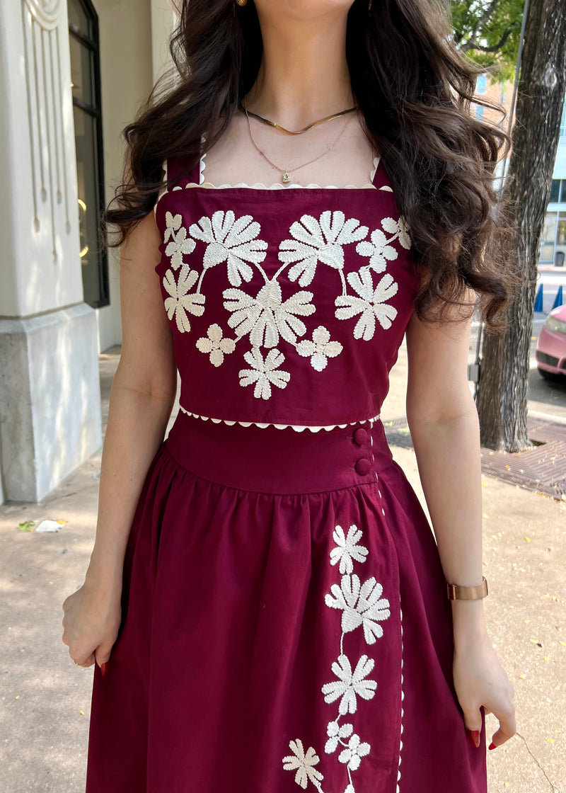 FLORAL EMBROIDERED MIDI SKIRT- BURGUNDY