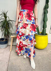 FLORAL TIERED MAXI SKIRT- IVORY/RED