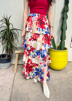 FLORAL TIERED MAXI SKIRT- IVORY/RED