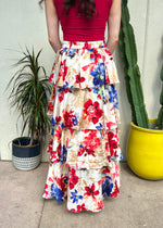FLORAL TIERED MAXI SKIRT- IVORY/RED
