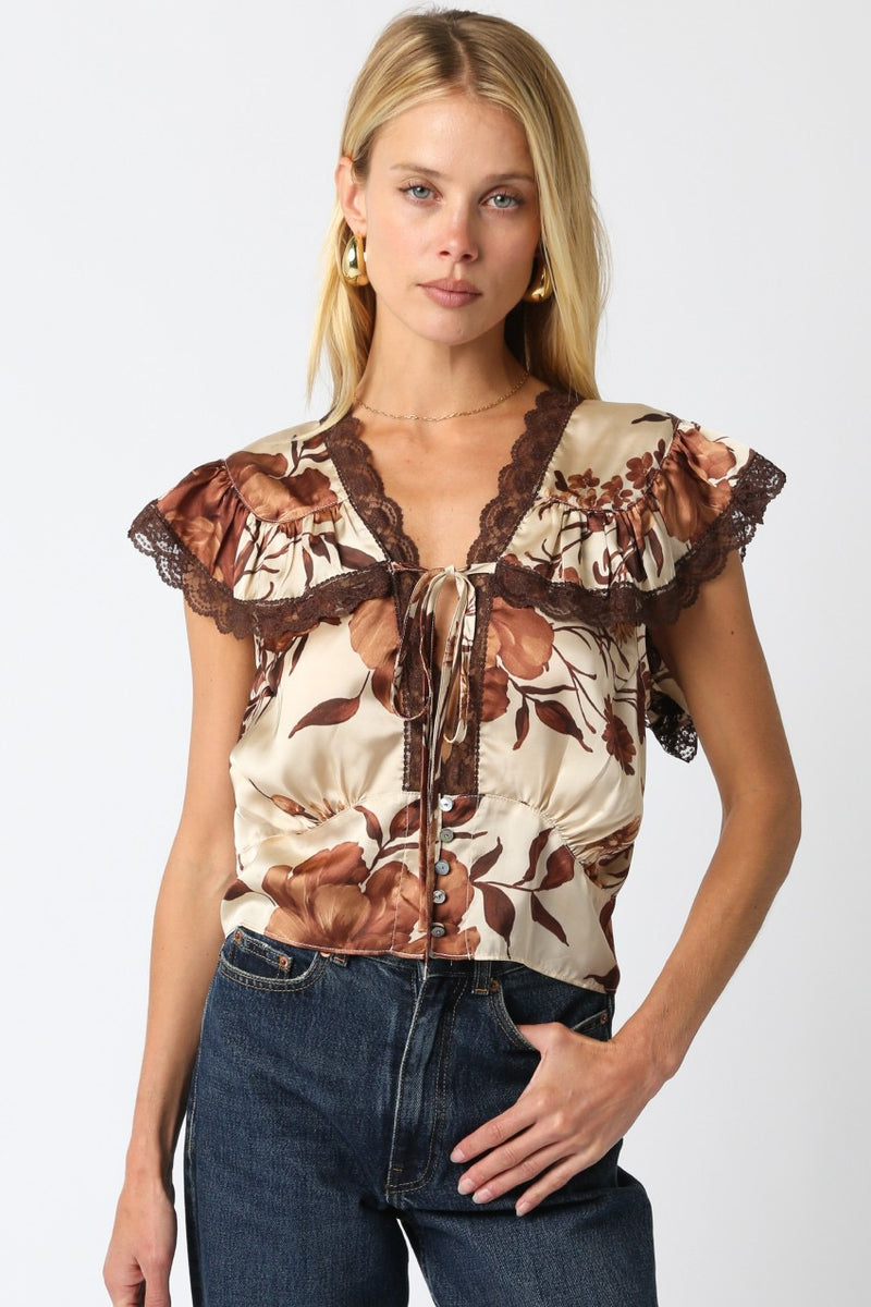 PARKER SATIN FLORAL TOP- BROWN