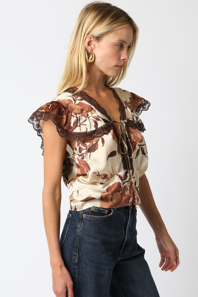 PARKER SATIN FLORAL TOP- BROWN