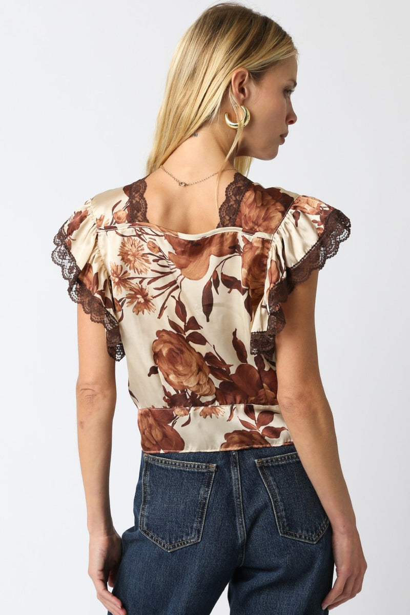 PARKER SATIN FLORAL TOP- BROWN