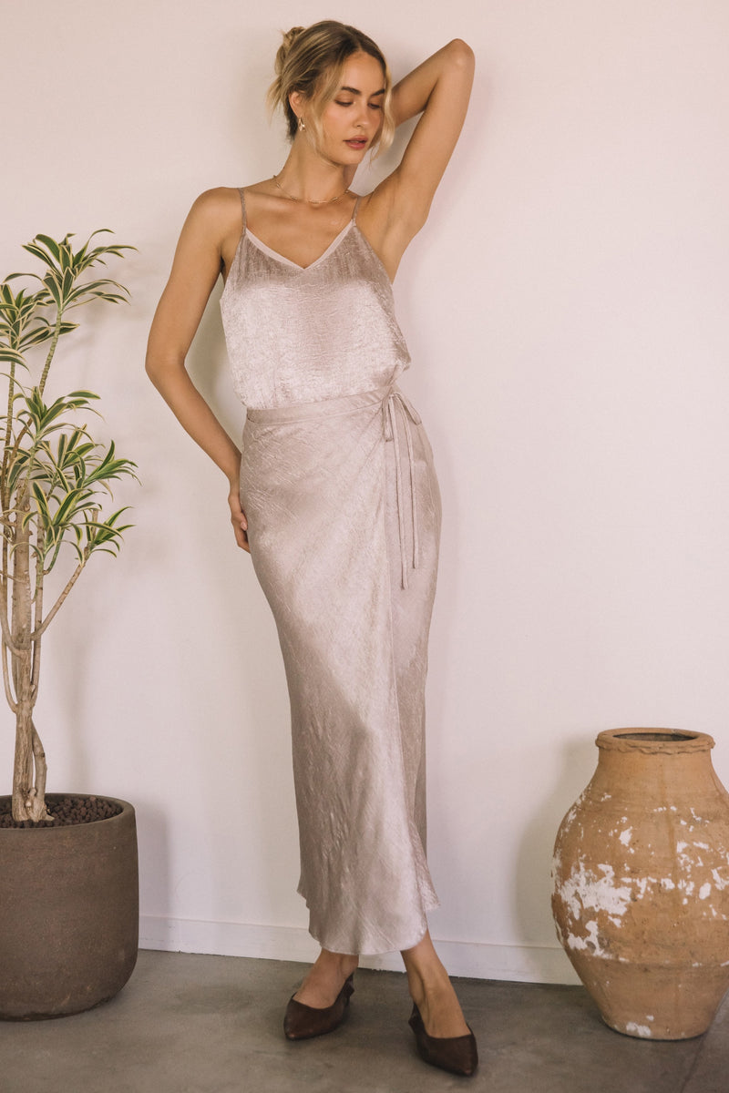 SATIN MIDI WRAP SKIRT- CHAMPAGNE