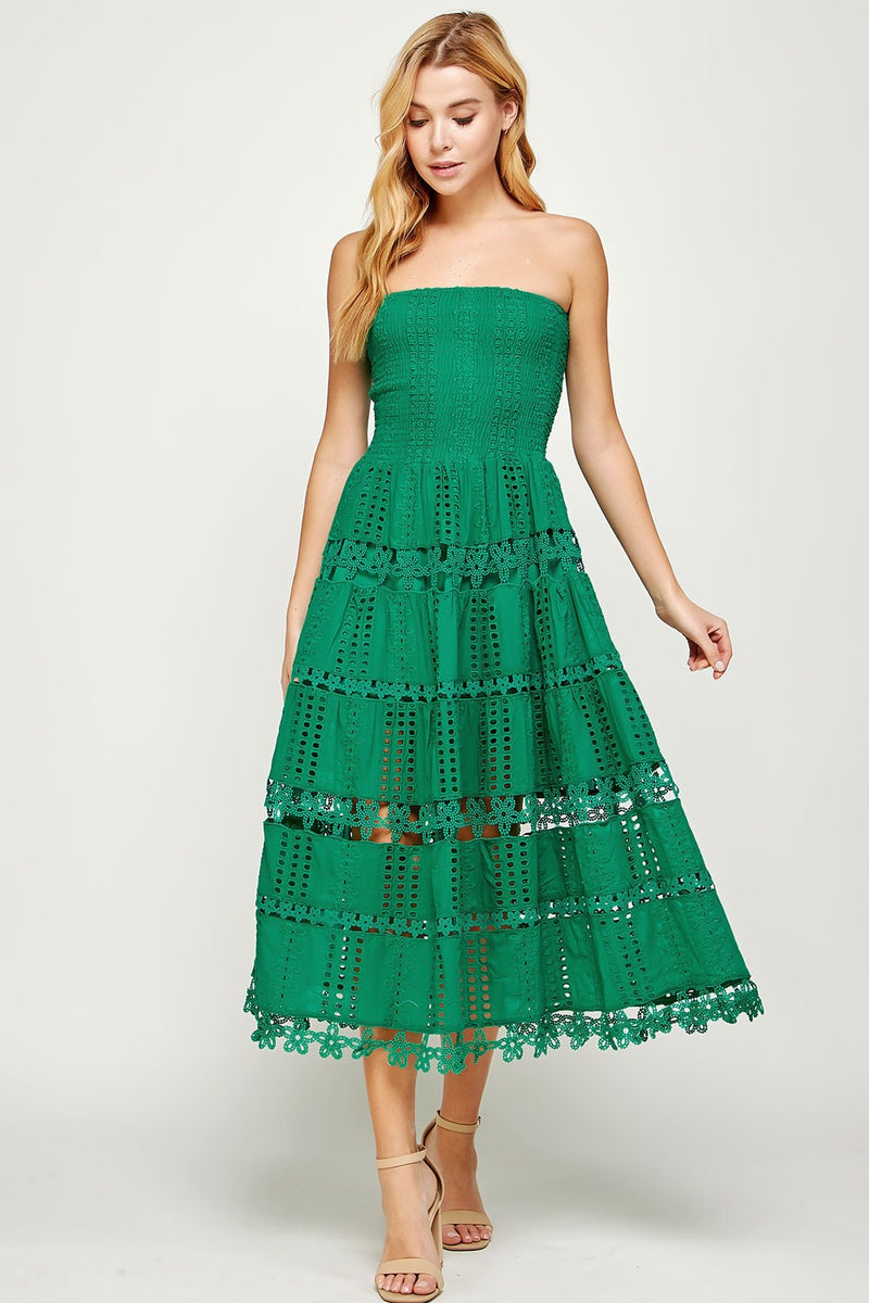 EYELET LACED STRAPLESS DRESS- EMERALD