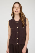 GOLD BUTTON KNIT VEST- BROWN