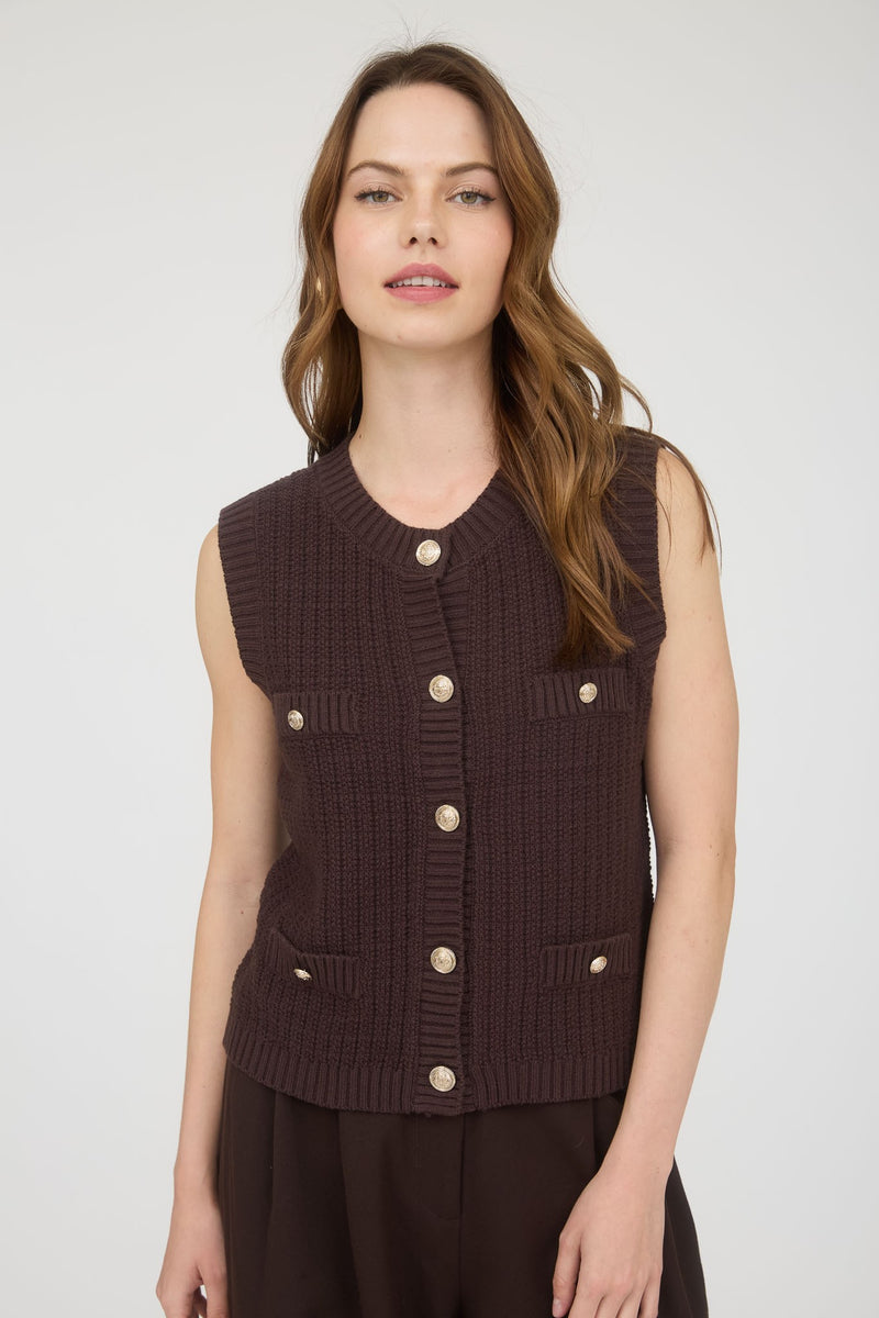 GOLD BUTTON KNIT VEST- BROWN