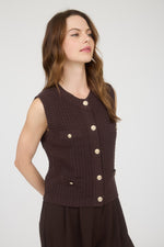 GOLD BUTTON KNIT VEST- BROWN
