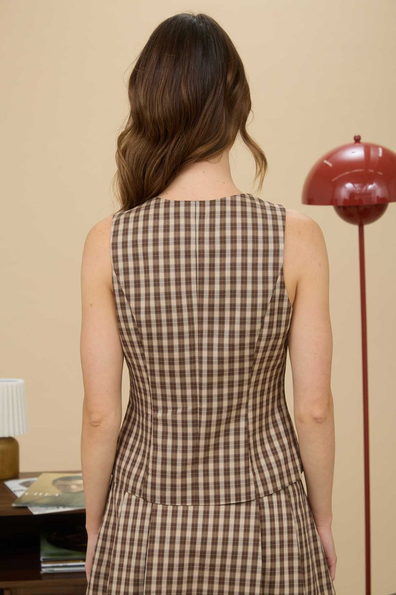 PLAID BUTTON DOWN VEST- KHAKI BROWN