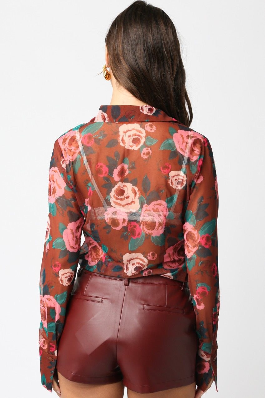 DEJA FLORAL MESH TOP- RUST PINK