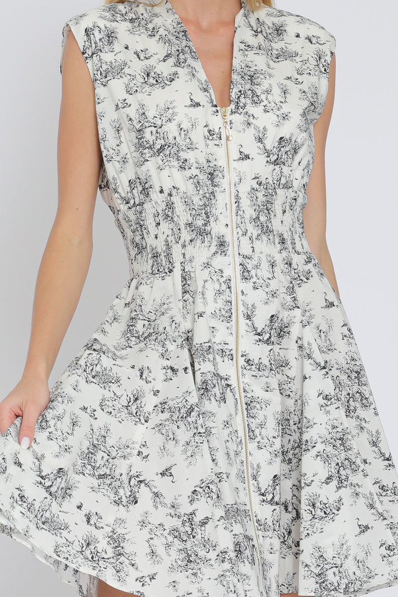 YORKSHIRE ZIPPER FRONT DRESS- IVORY/BLK
