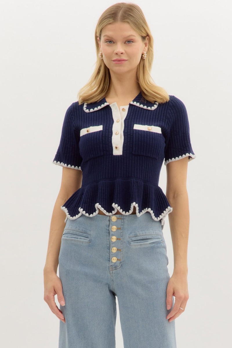 KNIT STITCH CONTRAST TOP- NAVY