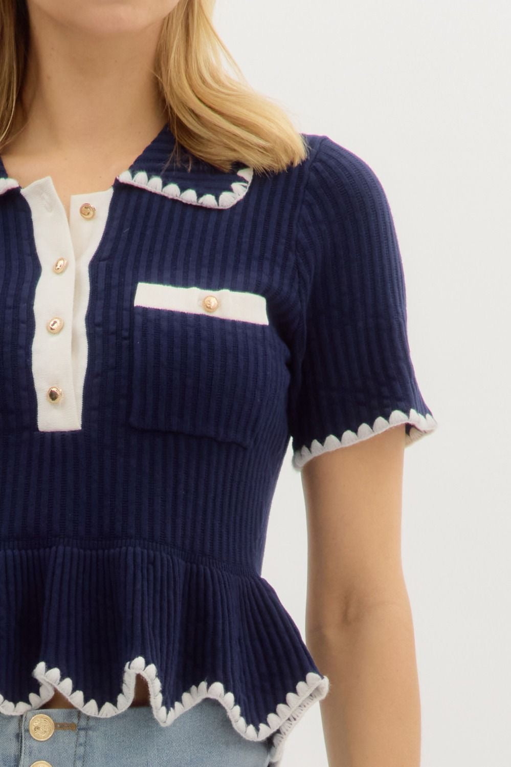 KNIT STITCH CONTRAST TOP- NAVY