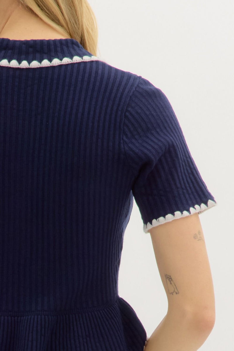 KNIT STITCH CONTRAST TOP- NAVY