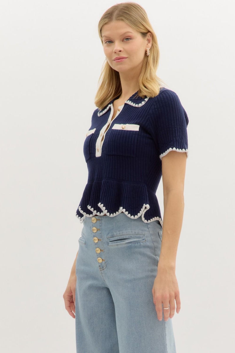 KNIT STITCH CONTRAST TOP- NAVY