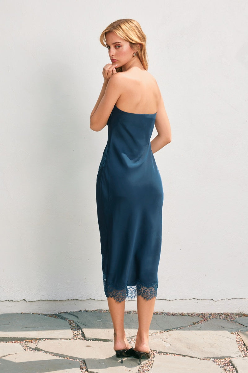 LACE STRAPLESS SLIT DRESS- EMERALD TEAL