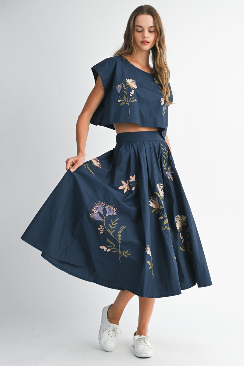 EMBROIDERED MIDI SKIRT- NAVY