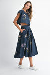 EMBROIDERED MIDI SKIRT- NAVY