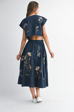 EMBROIDERED MIDI SKIRT- NAVY