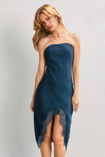 LACE STRAPLESS SLIT DRESS- EMERALD TEAL
