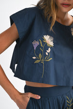 EMBROIDERED CROP TOP- NAVY