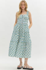 FLORAL POPLIN MIDI DRESS- WHITE/BLUE