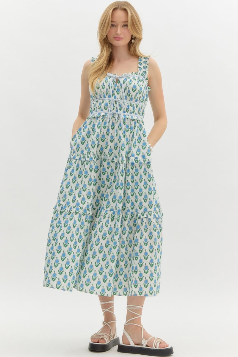 FLORAL POPLIN MIDI DRESS- WHITE/BLUE