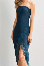 LACE STRAPLESS SLIT DRESS- EMERALD TEAL