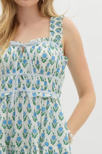 FLORAL POPLIN MIDI DRESS- WHITE/BLUE