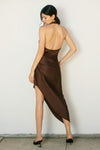 SATIN HALTER DRESS- BROWN