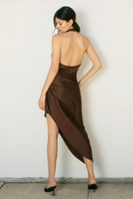SATIN HALTER DRESS- BROWN