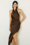 SATIN HALTER DRESS- BROWN