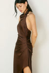 SATIN HALTER DRESS- BROWN