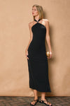 GOLD APPLIQUE HALTER MIDI DRESS- BLACK