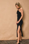 GOLD APPLIQUE HALTER MIDI DRESS- BLACK