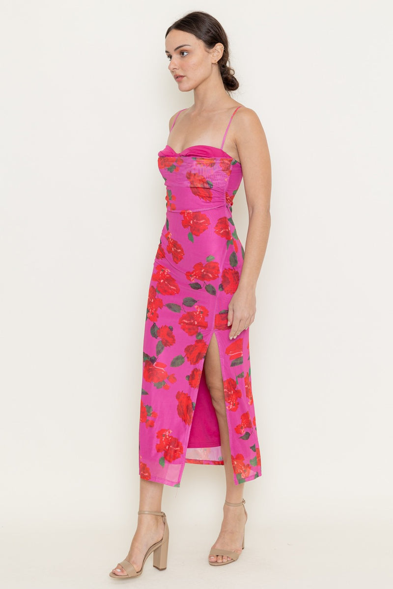 VIBRANT FLORAL MESH MIDI DRESS- MAGENTA