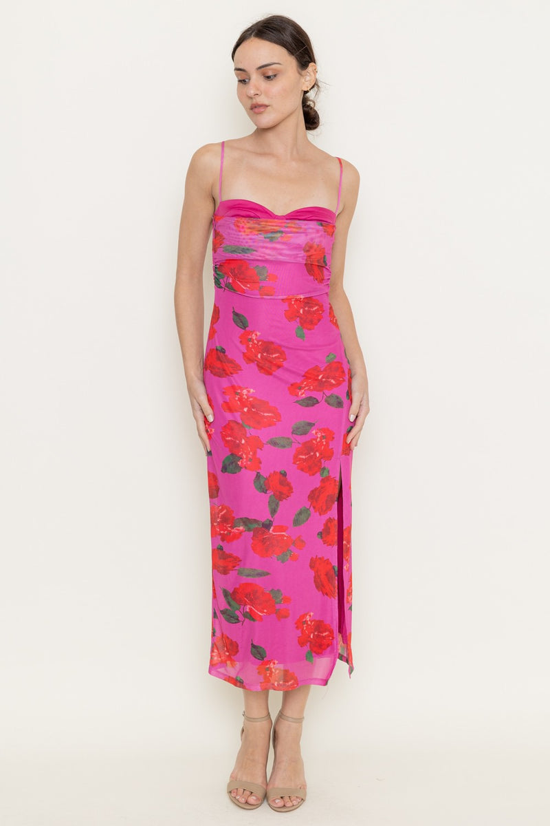 VIBRANT FLORAL MESH MIDI DRESS- MAGENTA