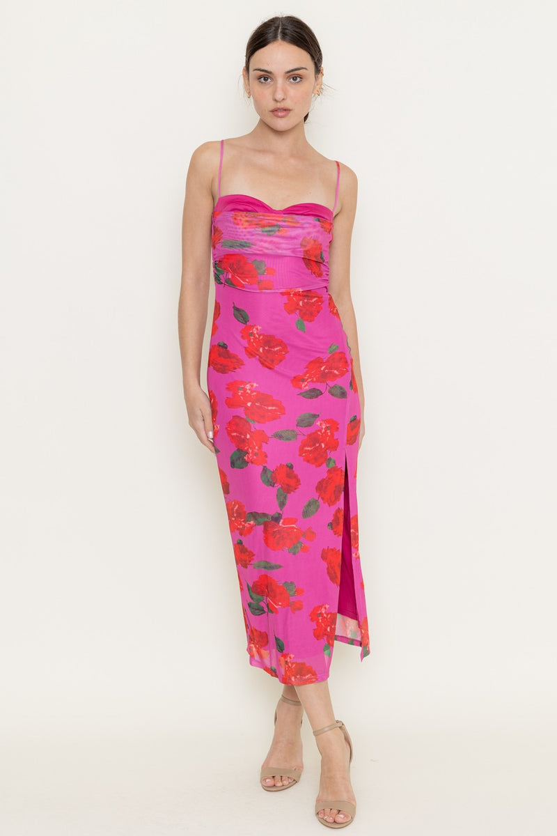 VIBRANT FLORAL MESH MIDI DRESS- MAGENTA