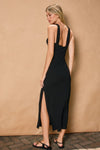 GOLD APPLIQUE HALTER MIDI DRESS- BLACK