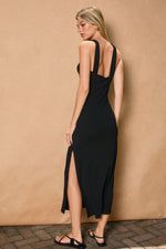 GOLD APPLIQUE HALTER MIDI DRESS- BLACK