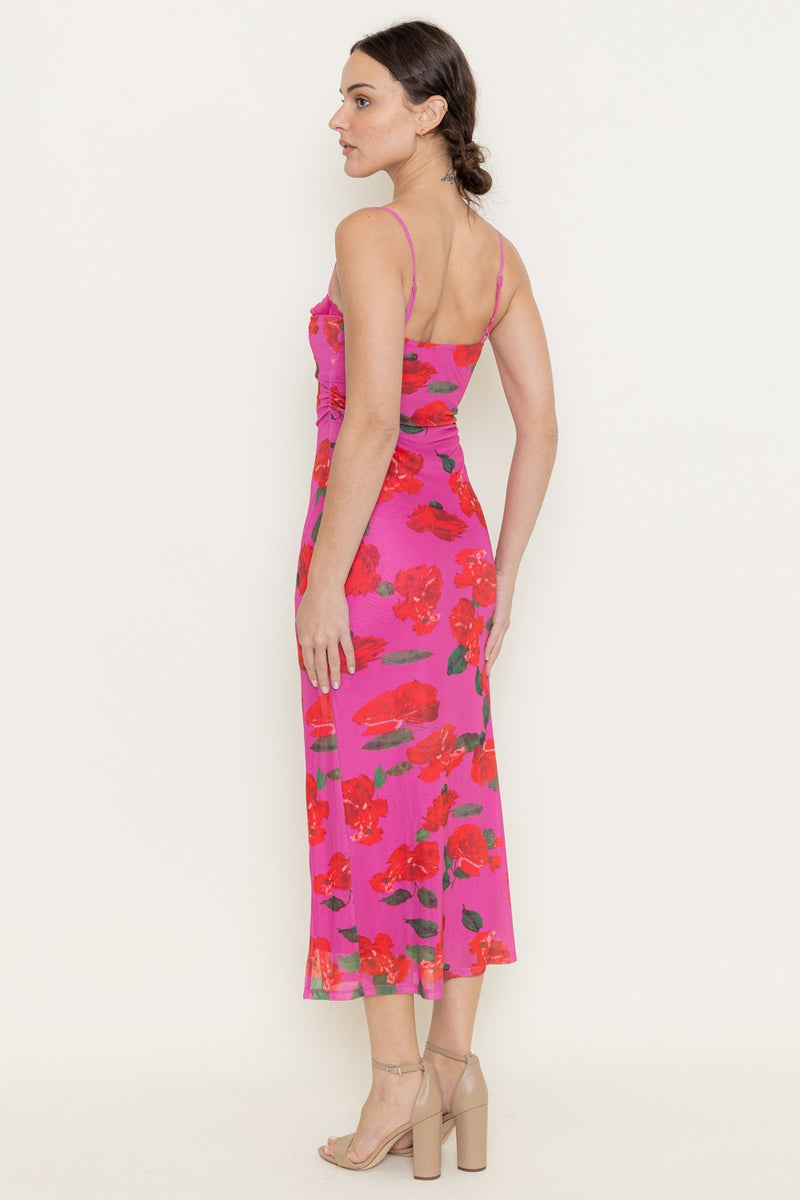 VIBRANT FLORAL MESH MIDI DRESS- MAGENTA
