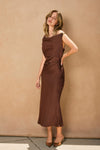 SATIN OFF SHOULDER MIDI DRESS- RUM
