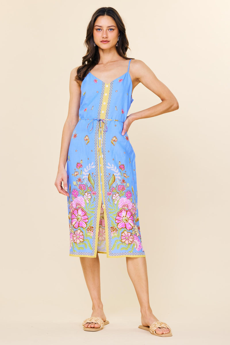 BORDER PRINT MIDI CAMI DRESS- CHAMBRAY BLUE