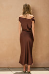 SATIN OFF SHOULDER MIDI DRESS- RUM