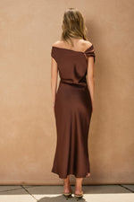 SATIN OFF SHOULDER MIDI DRESS- RUM